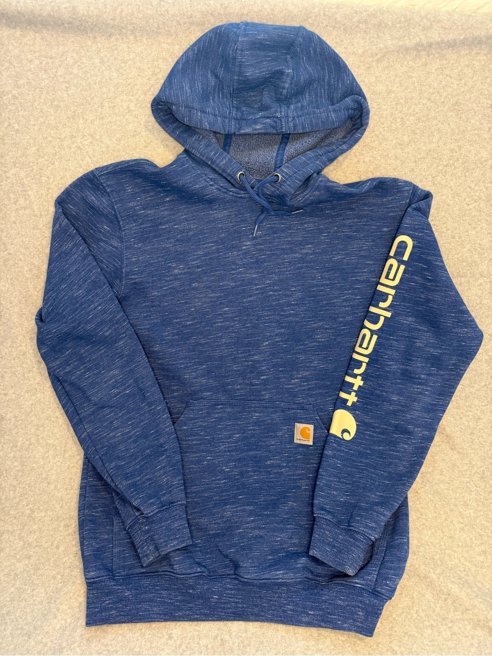 Carhartt Navy Blue Hooded Sweatshirt with Beige Sleeve Logo